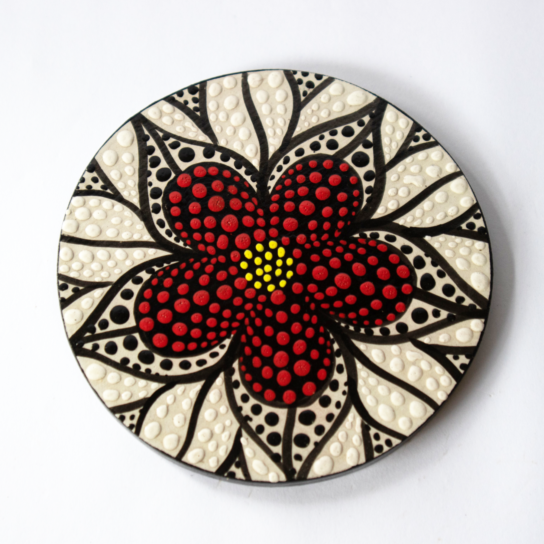 Unique Hand Painted Red Flower Coaster With Beautiful Dot Painting